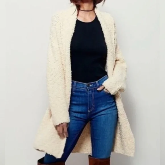 Free People Soft Chunky Mixed Yarn Knit Open Longline Cardigan Draped Collar - Picture 2 of 9